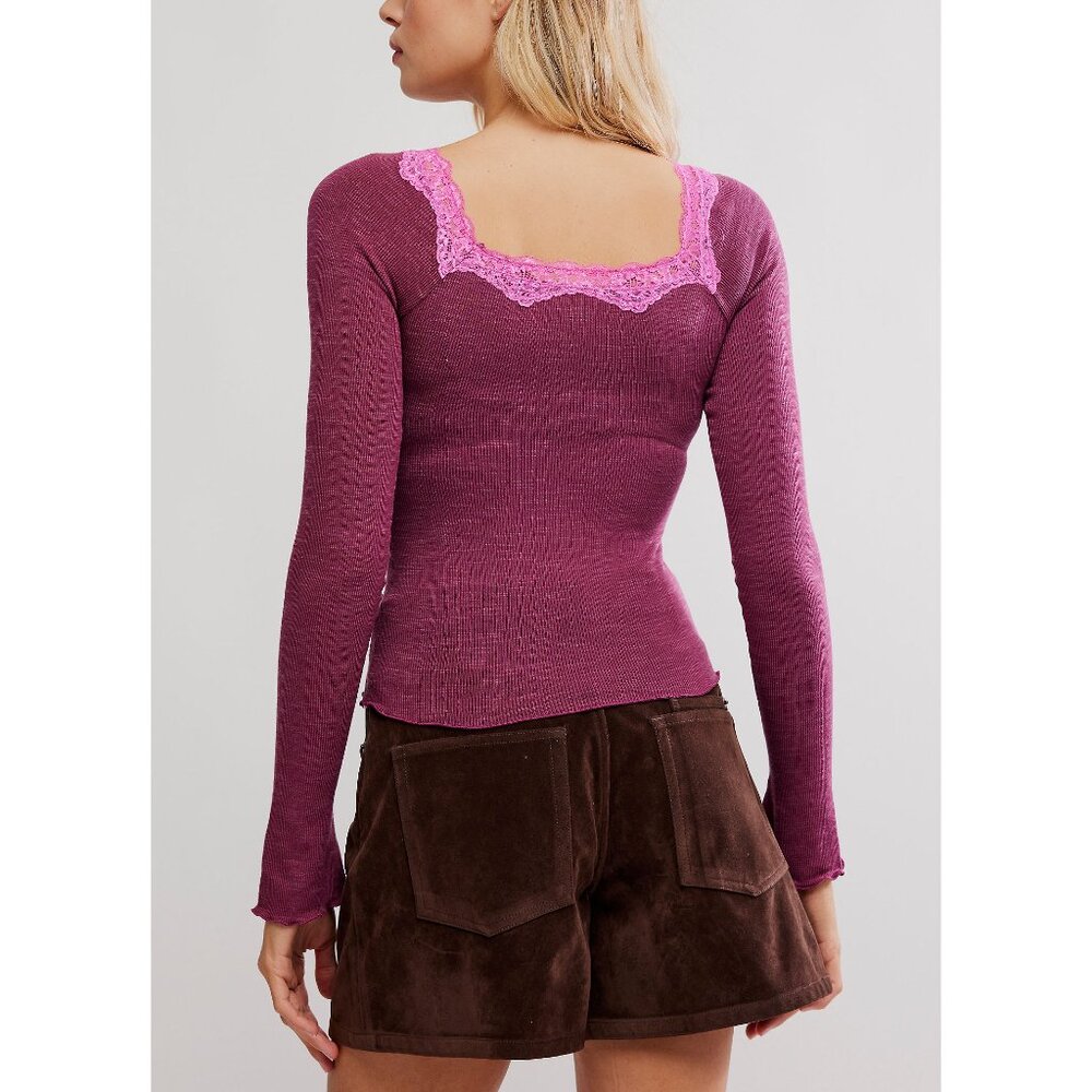 Free People Raspberry Ribbed Long Sleeve Lace-Trim Top - Picture 4 of 6